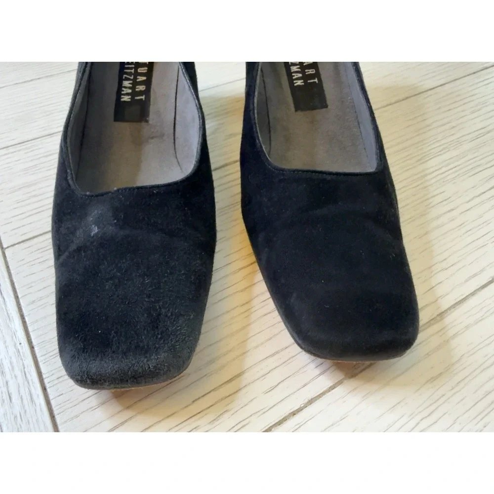 Stuart Weitzman VTG‎ 9 AA Blk Suede Block Heels Square Toe 2.5